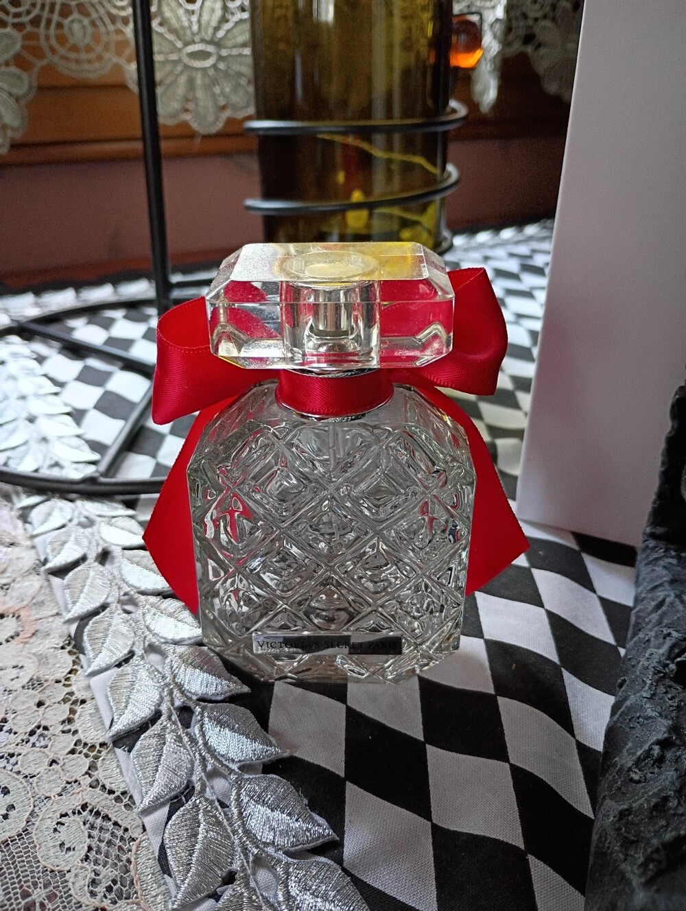 Empty Clear Glass Decorative Bottle w Red Ribbon Accent Victoria's Secret  Paris